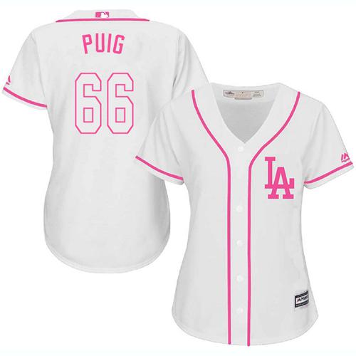 Dodgers #66 Yasiel Puig White Pink Fashion Women's Stitched MLB Jersey Dodgers #66 Yasiel Puig White Pink Fashion Women's Stitched MLB Jersey