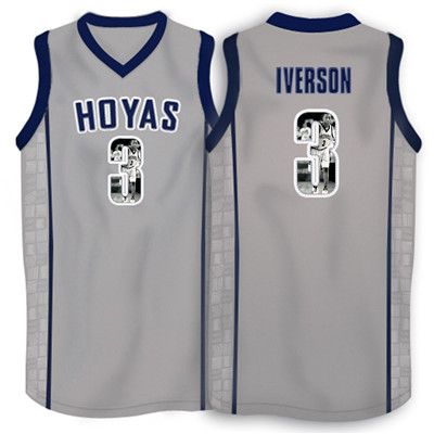 Georgetown Hoyas 3 Allen Iverson Gray 1996 Throwback With Portrait Print College Basketball Jersey