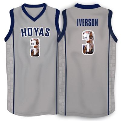 Georgetown Hoyas 3 Allen Iverson Gray 1996 Throwback With Portrait Print College Basketball Jersey3