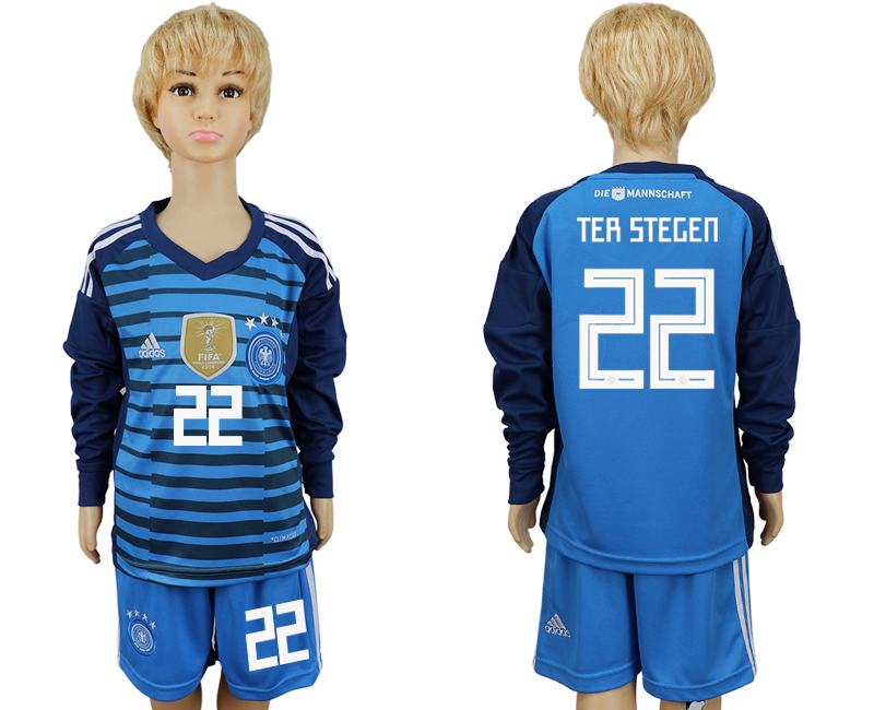 Germany #22 Ter Stegen Blue Goalkeeper Long Sleeves Soccer Country Jersey