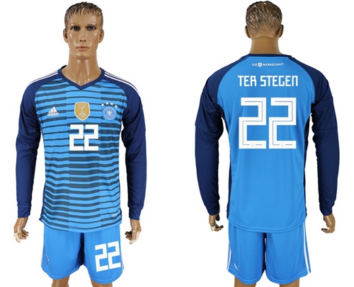Germany #22 Ter Stegen Blue Goalkeeper Long Sleeves Soccer Country Jersey Germany #22 Ter Stegen Blue Goalkeeper Long Sleeves Soccer Country Jersey