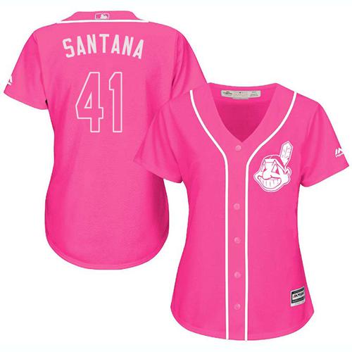 Indians #41 Carlos Santana Pink Fashion Women's Stitched MLB Jersey