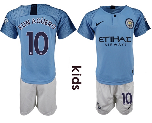 Manchester City #10 Kun Aguero Home Kid Soccer Club Jersey