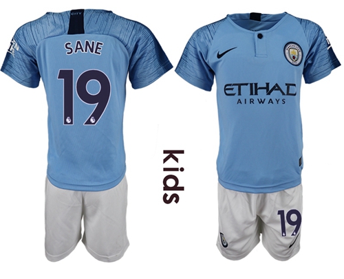 Manchester City #19 Sane Home Kid Soccer Club Jersey
