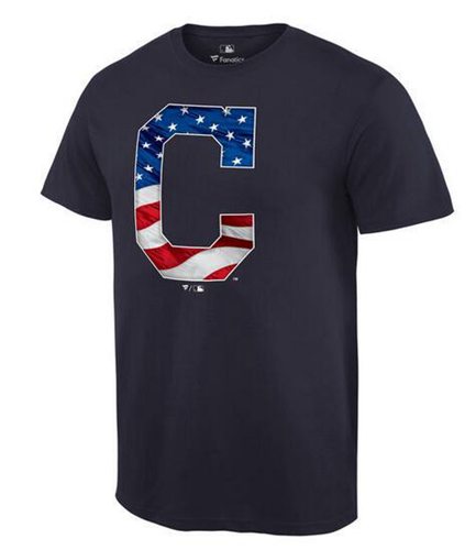 Men's Cleveland Indians USA Flag Fashion T-Shirt Navy Blue