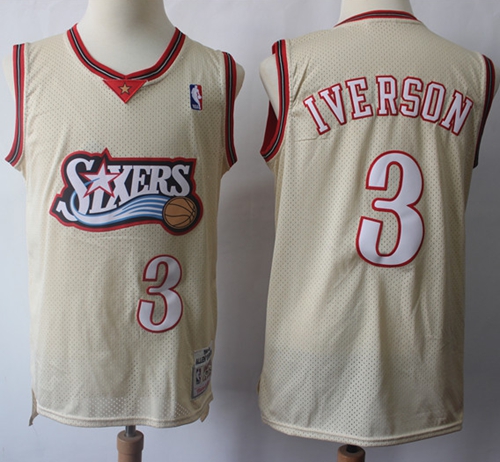 Mitchell And Ness 76ers #3 Allen Iverson Cream Throwback Stitched NBA Jersey Mitchell And Ness 76ers #3 Allen Iverson Cream Throwback Stitched NBA Jersey