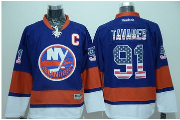 New York Islanders #91 John Tavares Baby Blue USA Flag Fashion Stitched NHL Jersey