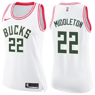 Nike Bucks #22 Khris Middleton White Pink Women's NBA Swingman Fashion Jersey