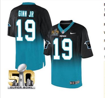 Nike Carolina Panthers #19 Ted Ginn Jr BlackBlue Super Bowl 50 Men's Stitched NFL Elite Fadeaway Fashion Jersey