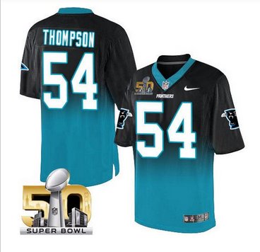 Nike Carolina Panthers #54 Shaq Thompson BlackBlue Super Bowl 50 Men's Stitched NFL Elite Fadeaway Fashion Jersey