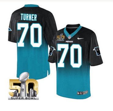 Nike Carolina Panthers #70 Trai Turner BlackBlue Super Bowl 50 Men's Stitched NFL Elite Fadeaway Fashion Jersey