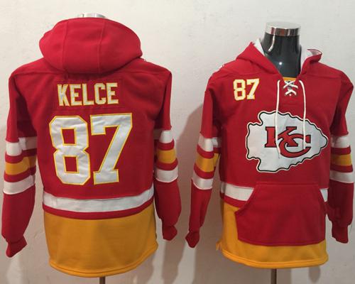 Nike Chiefs #87 Travis Kelce Red Gold Name & Number Pullover NFL Hoodie