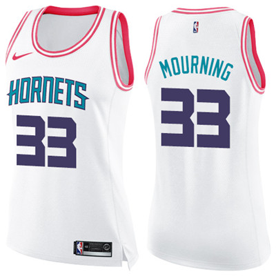 Nike Hornets #33 Alonzo Mourning White Pink Women's NBA Swingman Fashion Jersey