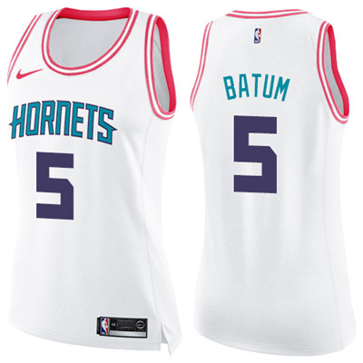 Nike Hornets #5 Nicolas Batum White Pink Women's NBA Swingman Fashion Jersey