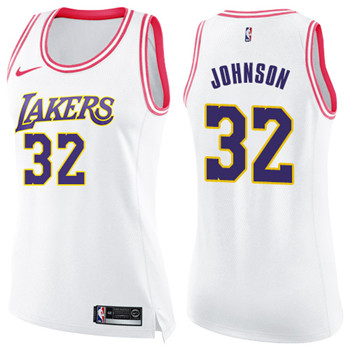 Nike Lakers #32 Magic Johnson White Pink Women's NBA Swingman Fashion Jersey