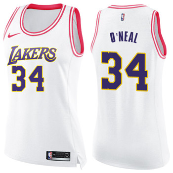 Nike Lakers #34 Shaquille O'Neal White Pink Women's NBA Swingman Fashion Jersey Nike Lakers #34 Shaquille O'Neal White Pink Women's NBA Swingman Fashion Jersey