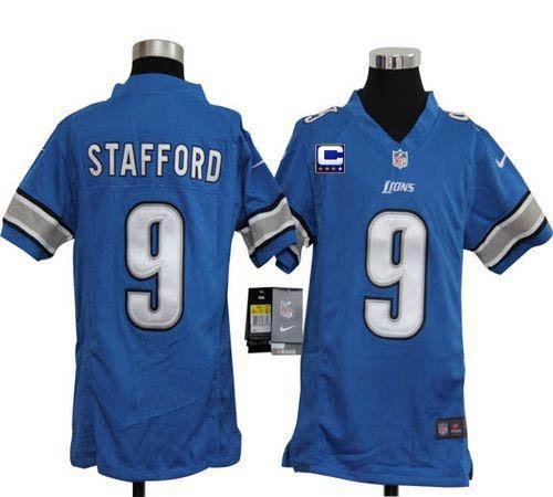 Nike Lions #9 Matthew Stafford Light Blue Team Color With C Patch Youth Stitched NFL Elite Jersey