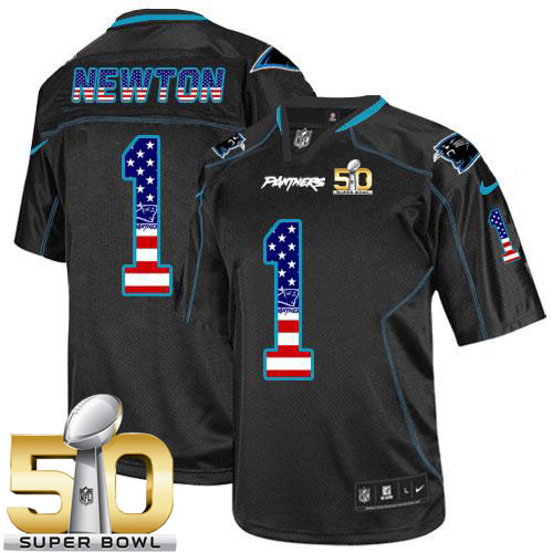 Nike Panthers #1 Cam Newton Black Super Bowl 50 Men's Stitched NFL Elite USA Flag Fashion Jersey