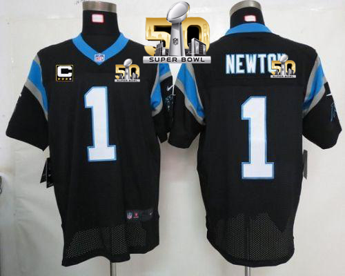 Nike Panthers #1 Cam Newton Black Team Color With C Patch Super Bowl 50 Men's Stitched NFL Elite Jersey