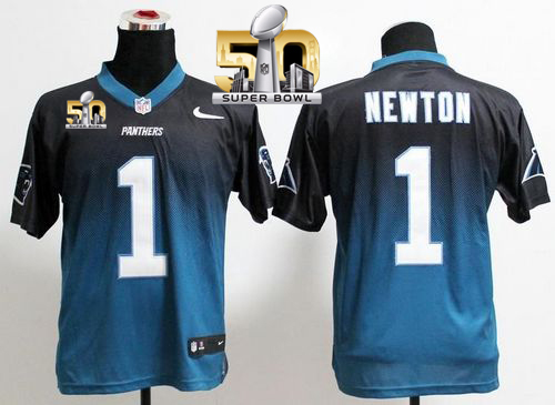 Nike Panthers #1 Cam Newton BlackBlue Super Bowl 50 Men's Stitched NFL Elite Fadeaway Fashion Jersey
