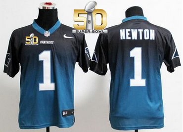 Nike Panthers #1 Cam Newton BlackBlue Super Bowl 50 Men's Stitched NFL Elite Fadeaway Fashion Jersey