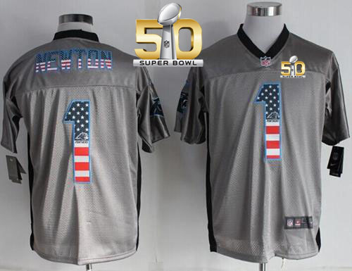 Nike Panthers #1 Cam Newton Grey Super Bowl 50 Men's Stitched NFL Elite USA Flag Fashion Jersey