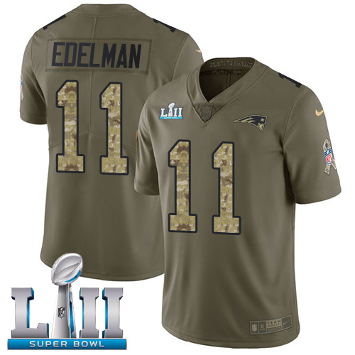 Nike Patriots #11 Julian Edelman Olive Camo Super Bowl LII Men's Stitched NFL Limited 2017 Salute To Service Jersey