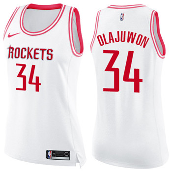 Nike Rockets #34 Hakeem Olajuwon White Pink Women's NBA Swingman Fashion Jersey