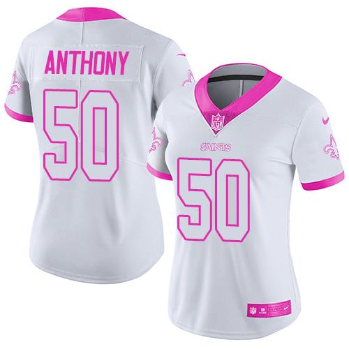 Nike Saints #50 Stephone Anthony White Pink Women's Stitched NFL Limited Rush Fashion Jersey