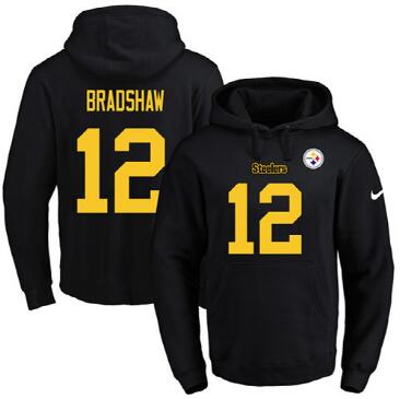 Nike Steelers #12 Terry Bradshaw Black(Gold No.) Name & Number Pullover NFL Hoodie