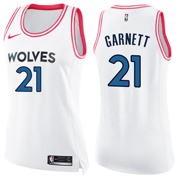 Nike Timberwolves #21 Kevin Garnett White Pink Women's NBA Swingman Fashion Jersey