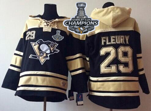 Penguins #29 Andre Fleury Black Sawyer Hooded Sweatshirt 2017 Stanley Cup Finals Champions Stitched NHL Jersey