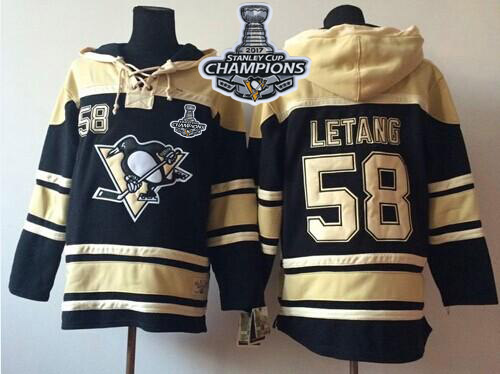Penguins #58 Kris Letang Black Sawyer Hooded Sweatshirt 2017 Stanley Cup Finals Champions Stitched NHL Jersey