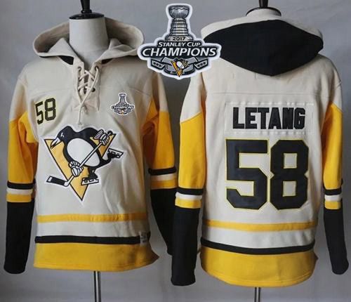 Penguins #58 Kris Letang Cream Gold Sawyer Hooded Sweatshirt 2017 Stanley Cup Finals Champions Stitched NHL Jersey