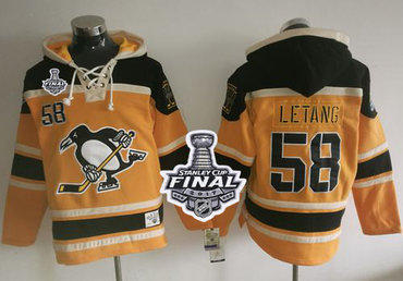 Penguins #58 Kris Letang Gold Sawyer Hooded Sweatshirt 2017 Stanley Cup Finals Champions Stitched NHL Jersey