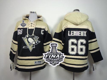 Penguins #66 Mario Lemieux Black Sawyer Hooded Sweatshirt 2017 Stanley Cup Final Patch Stitched Youth NHL Jersey