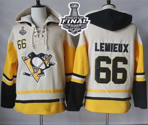 Penguins #66 Mario Lemieux Cream Gold Sawyer Hooded Sweatshirt 2017 Stanley Cup Final Patch Stitched NHL Jersey