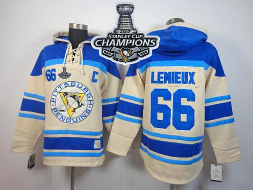 Penguins #66 Mario Lemieux Cream Sawyer Hooded Sweatshirt 2017 Stanley Cup Finals Champions Stitched NHL Jersey