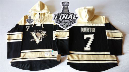 Penguins #7 Paul Martin Black Sawyer Hooded Sweatshirt 2017 Stanley Cup Final Patch Stitched NHL Jersey