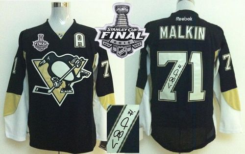 Penguins #71 Evgeni Malkin Black Autographed 2016 Stanley Cup Final Patch Stitched NHL Jersey