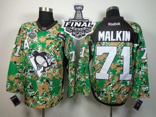 Penguins #71 Evgeni Malkin Camo Veterans Day Practice 2016 Stanley Cup Final Patch Stitched NHL Jersey