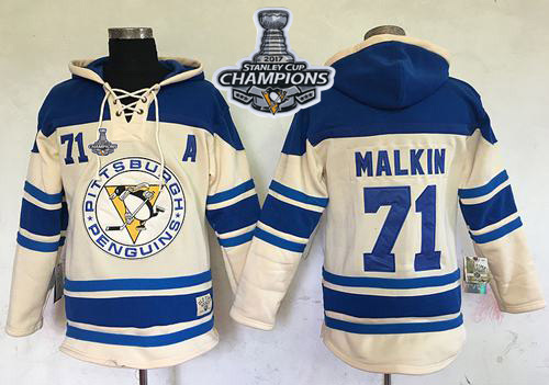 Penguins #71 Evgeni Malkin Cream Sawyer Hooded Sweatshirt 2017 Stanley Cup Finals Champions Stitched NHL Jersey