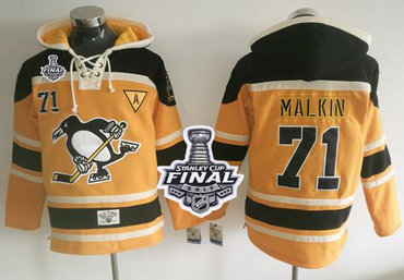 Penguins #71 Evgeni Malkin Gold Sawyer Hooded Sweatshirt 2017 Stanley Cup Final Patch Stitched NHL Jersey