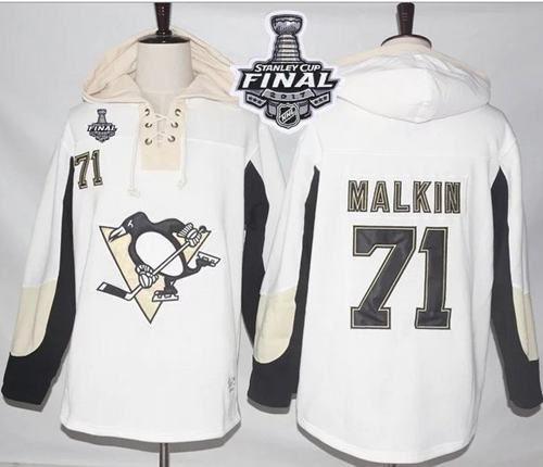 Penguins #71 Evgeni Malkin White Pullover Hoodie 2017 Stanley Cup Final Patch Stitched NHL Jersey