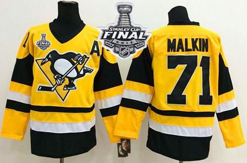 Penguins #71 Evgeni Malkin Yellow Throwback 2016 Stanley Cup Final Patch Stitched NHL Jersey Penguins #71 Evgeni Malkin Yellow Throwback 2016 Stanley Cup Final Patch Stitched NHL Jersey