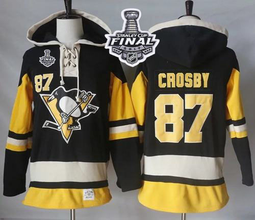 Penguins #87 Sidney Crosby Black Alternate Sawyer Hooded Sweatshirt 2017 Stanley Cup Final Patch Stitched NHL Jersey