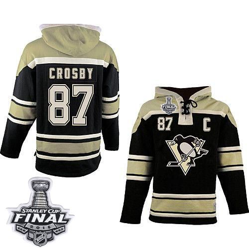 Penguins #87 Sidney Crosby Black Sawyer Hooded Sweatshirt 2016 Stanley Cup Final Patch Stitched NHL Jersey