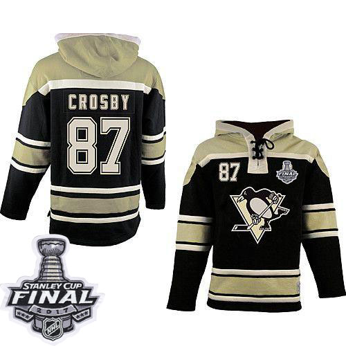 Penguins #87 Sidney Crosby Black Sawyer Hooded Sweatshirt 2017 Stanley Cup Final Patch Stitched NHL Jersey