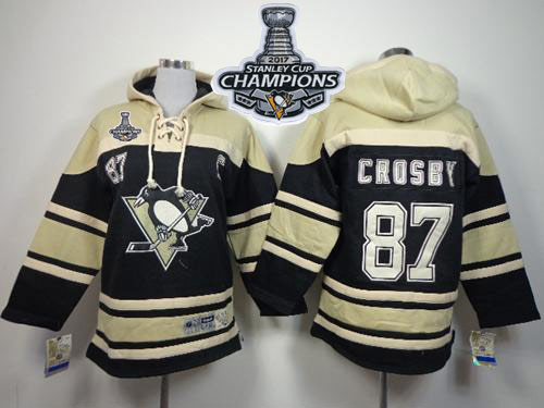 Penguins #87 Sidney Crosby Black Sawyer Hooded Sweatshirt 2017 Stanley Cup Finals Champions Stitched Youth NHL Jersey