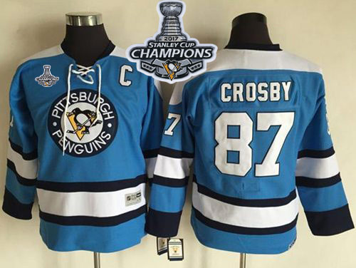 Penguins #87 Sidney Crosby Blue CCM Throwback 2017 Stanley Cup Finals Champions Stitched Youth NHL Jersey